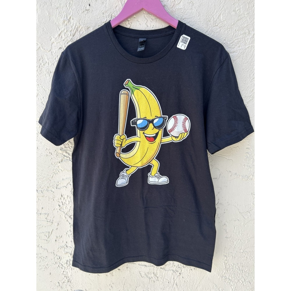 Bananas Baseball Graphic T-Shirt Black unisex  Short Sleeve Tee- Medium